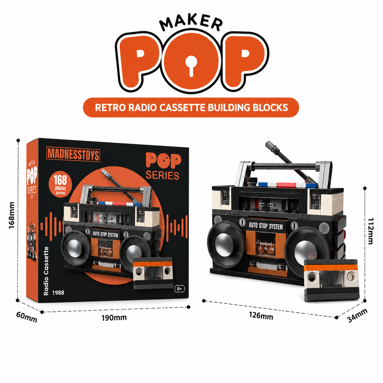 Maker Pop retro radio cassette building blocks with packaging and dimensions on a white background
