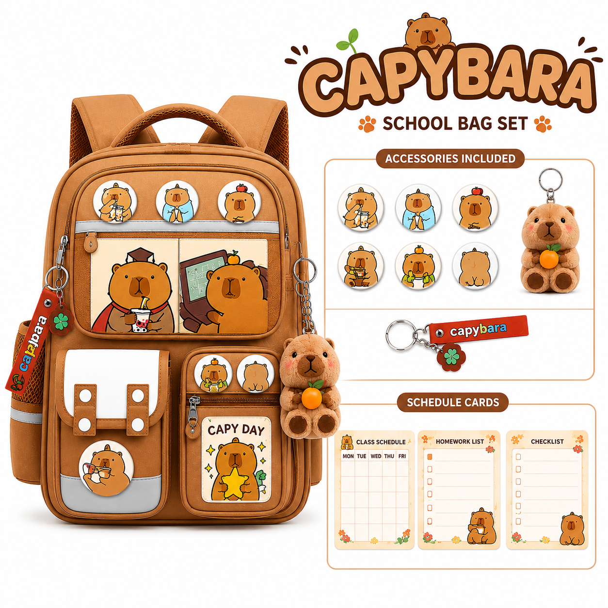 Capybara-themed school bag set with accessories on a white background
