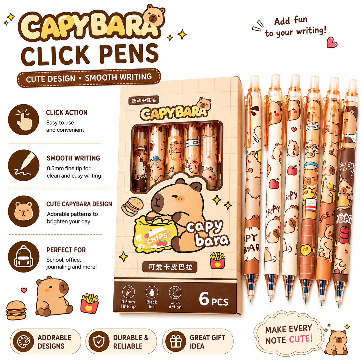Capybara-themed click pens with packaging and pen set on a white background