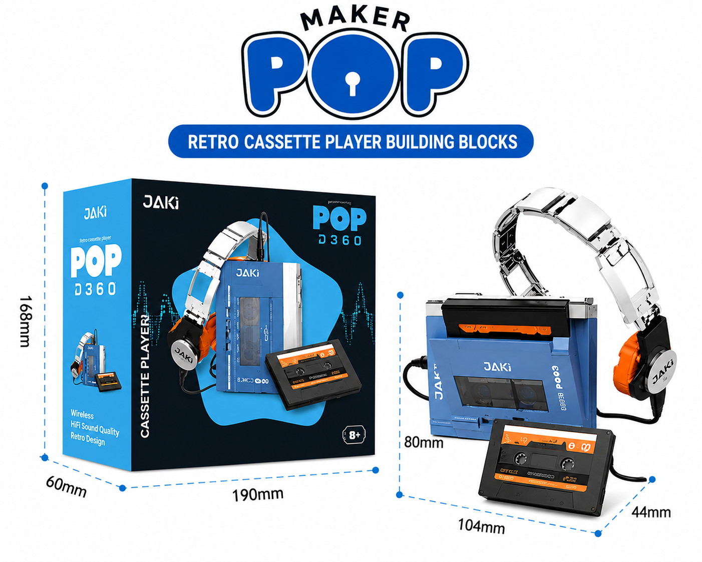 Retro cassette player building blocks with packaging and measurements on a white background