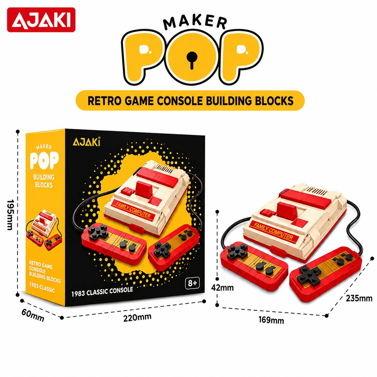 AJAKI Maker Pop retro game console building blocks packaging with dimensions on a white background