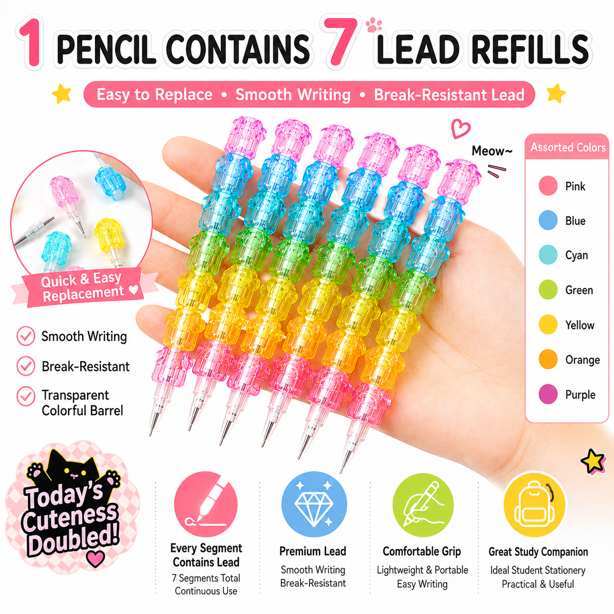 Colorful pencil with 7 lead refills held in a hand, showing various features and color options.