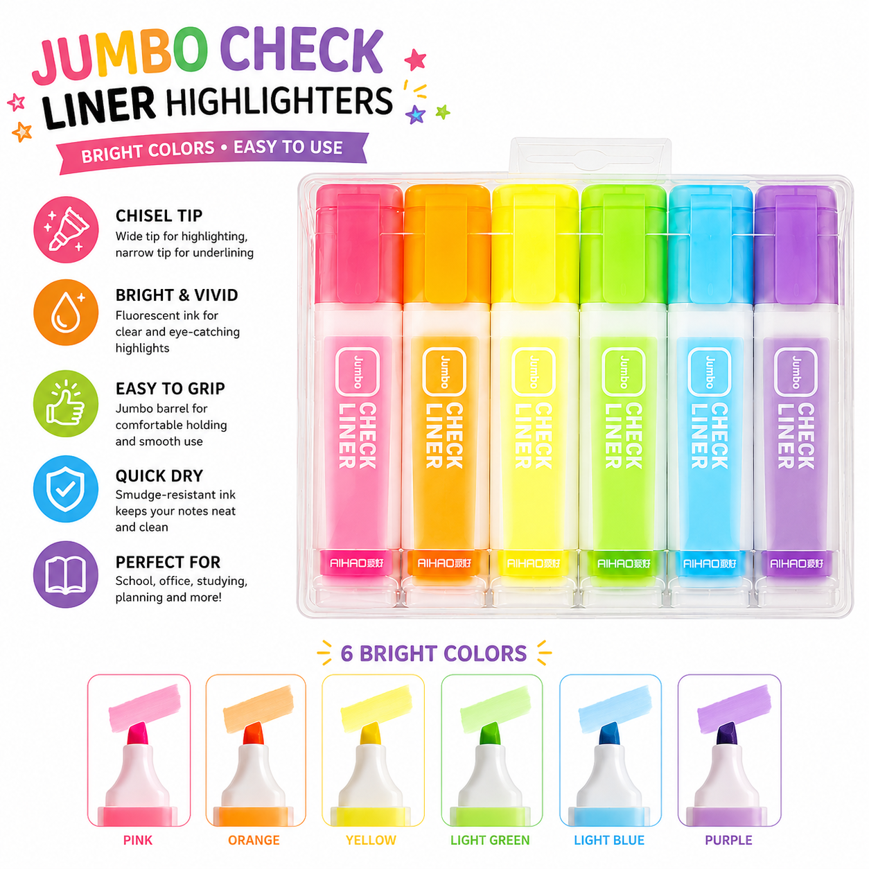 Set of six colorful jumbo check liner highlighters in a clear packaging on a white background.