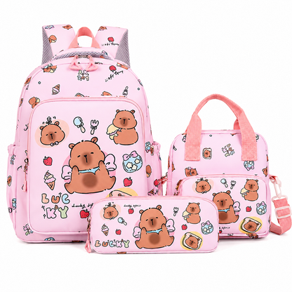 Pink backpack with bear pattern on a white background