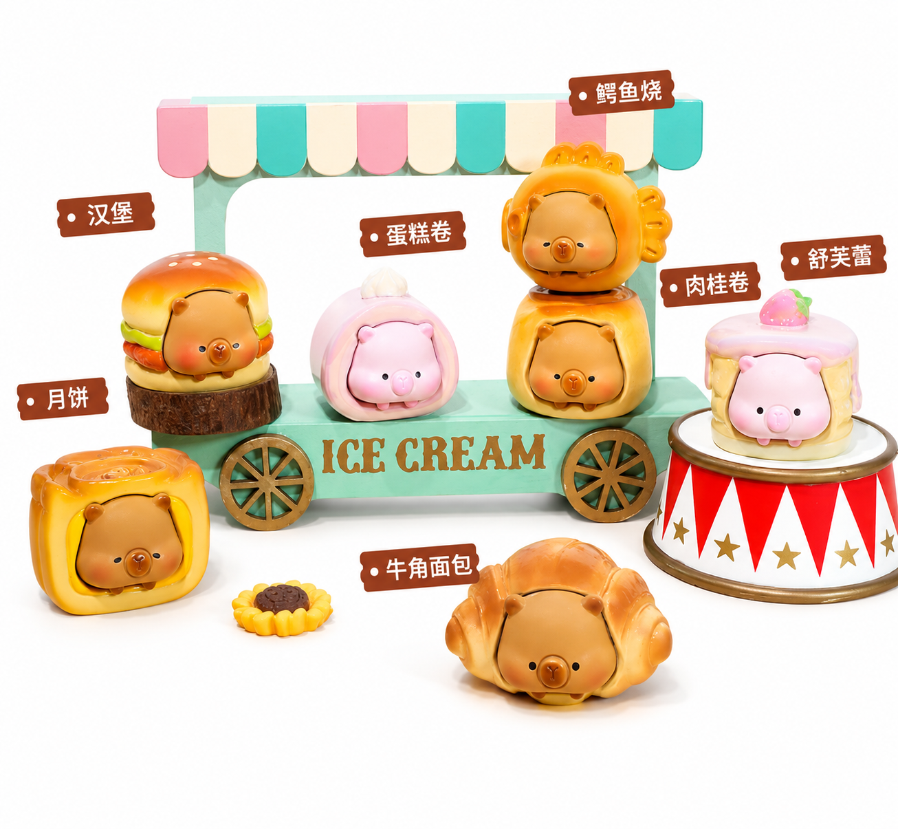 Toy set with animal-shaped ice cream cones and bakery items on a white background