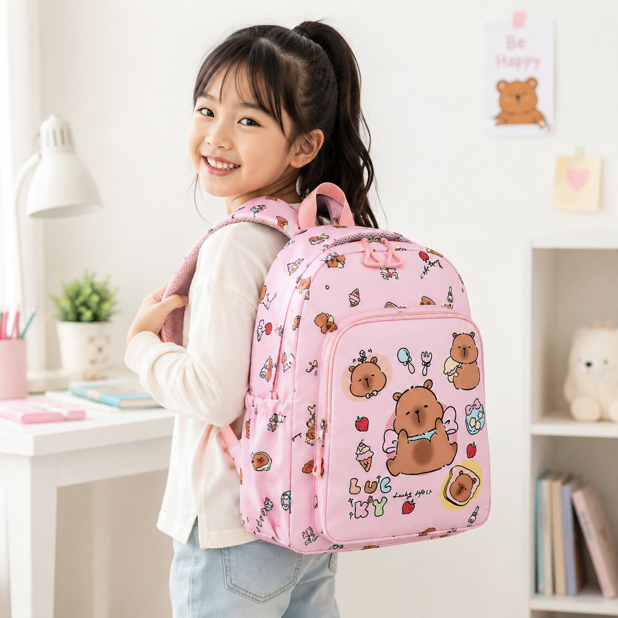 Child wearing a pink backpack with cartoon bear designs in a classroom setting