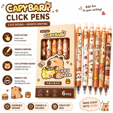 Capybara-themed click pens with packaging and pen set on a white background