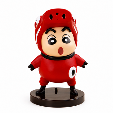 Toy figure in a red outfit with a surprised expression on a white background