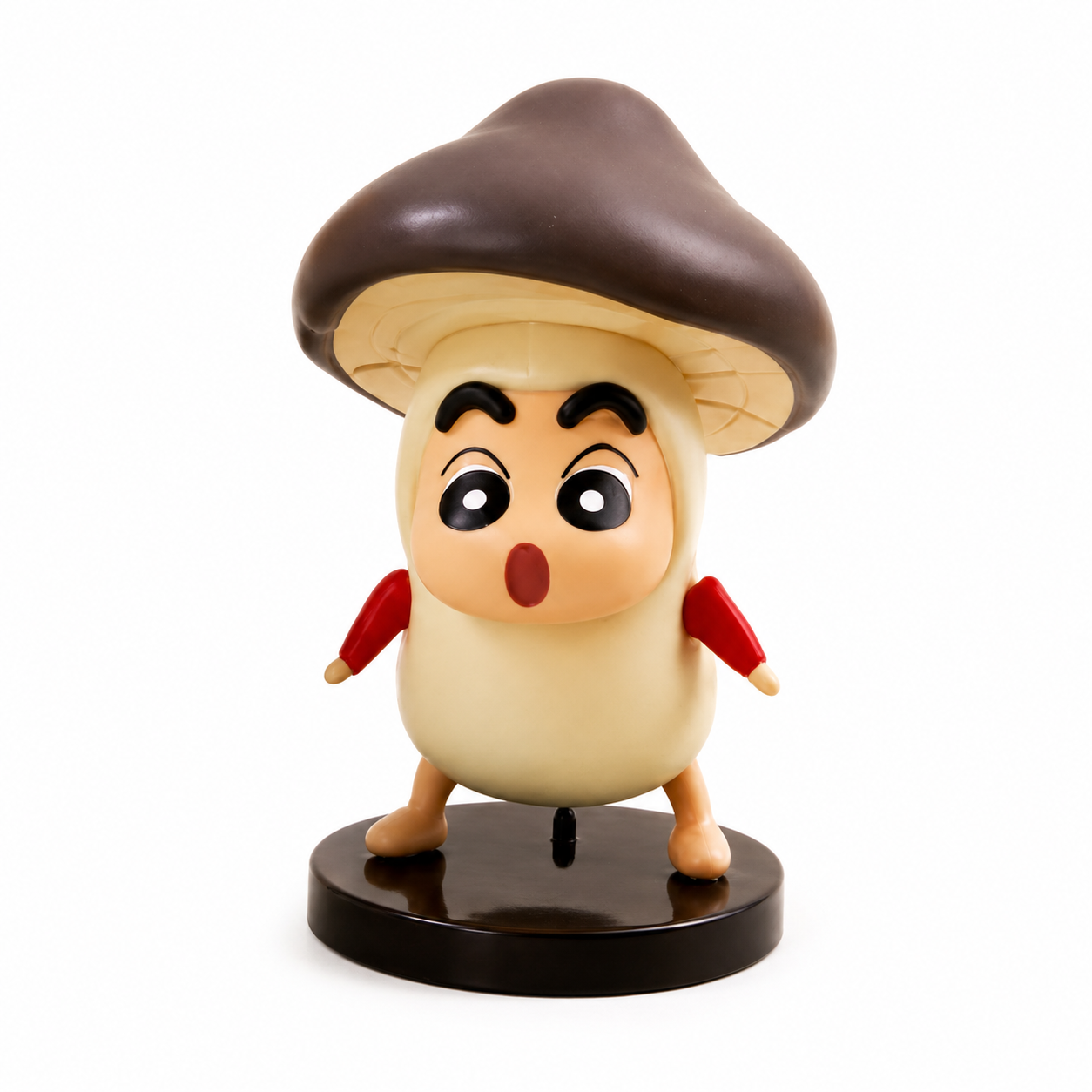 Cartoonish mushroom figurine with a surprised expression on a white background