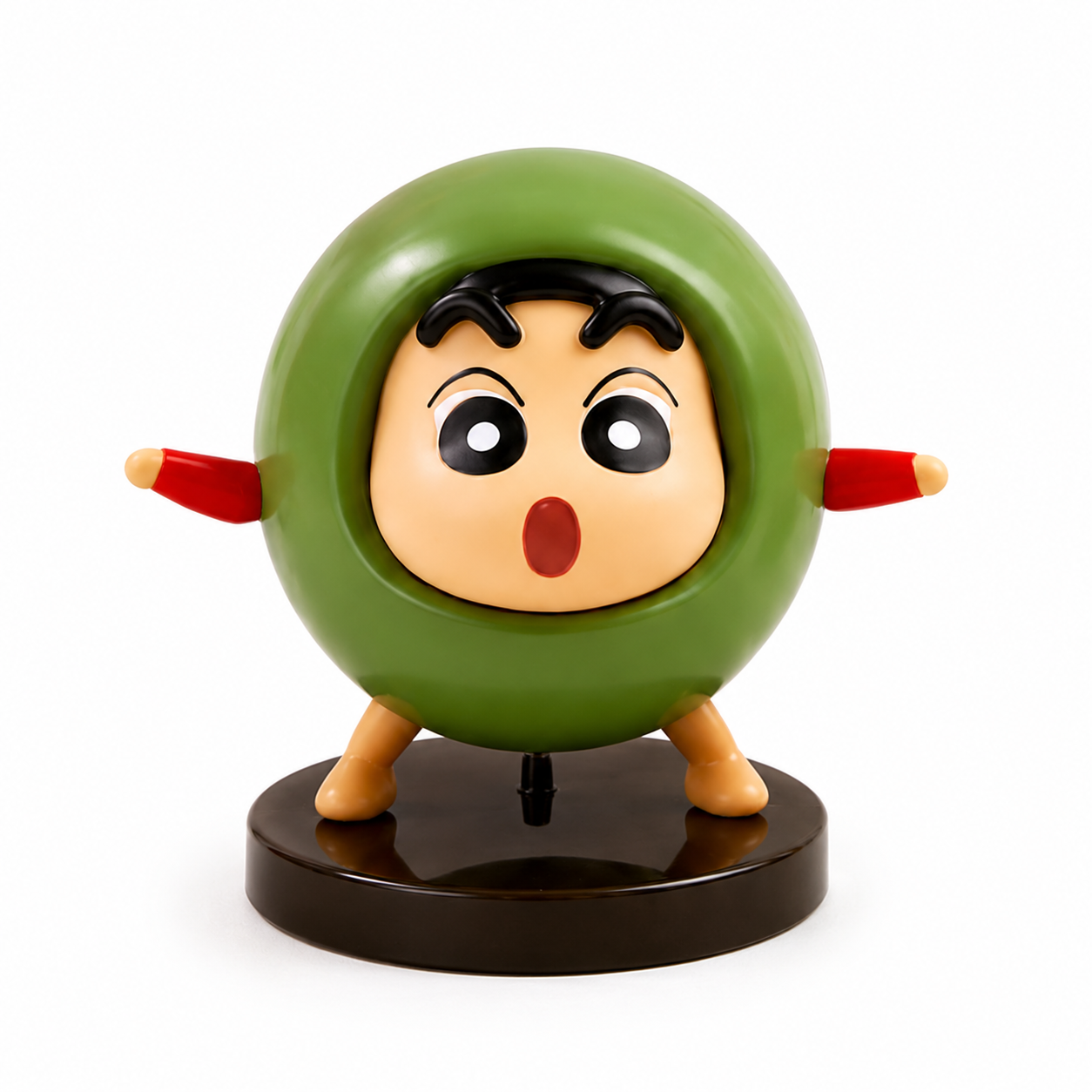 Toy figure of a character with a green round body and red arms on a white background