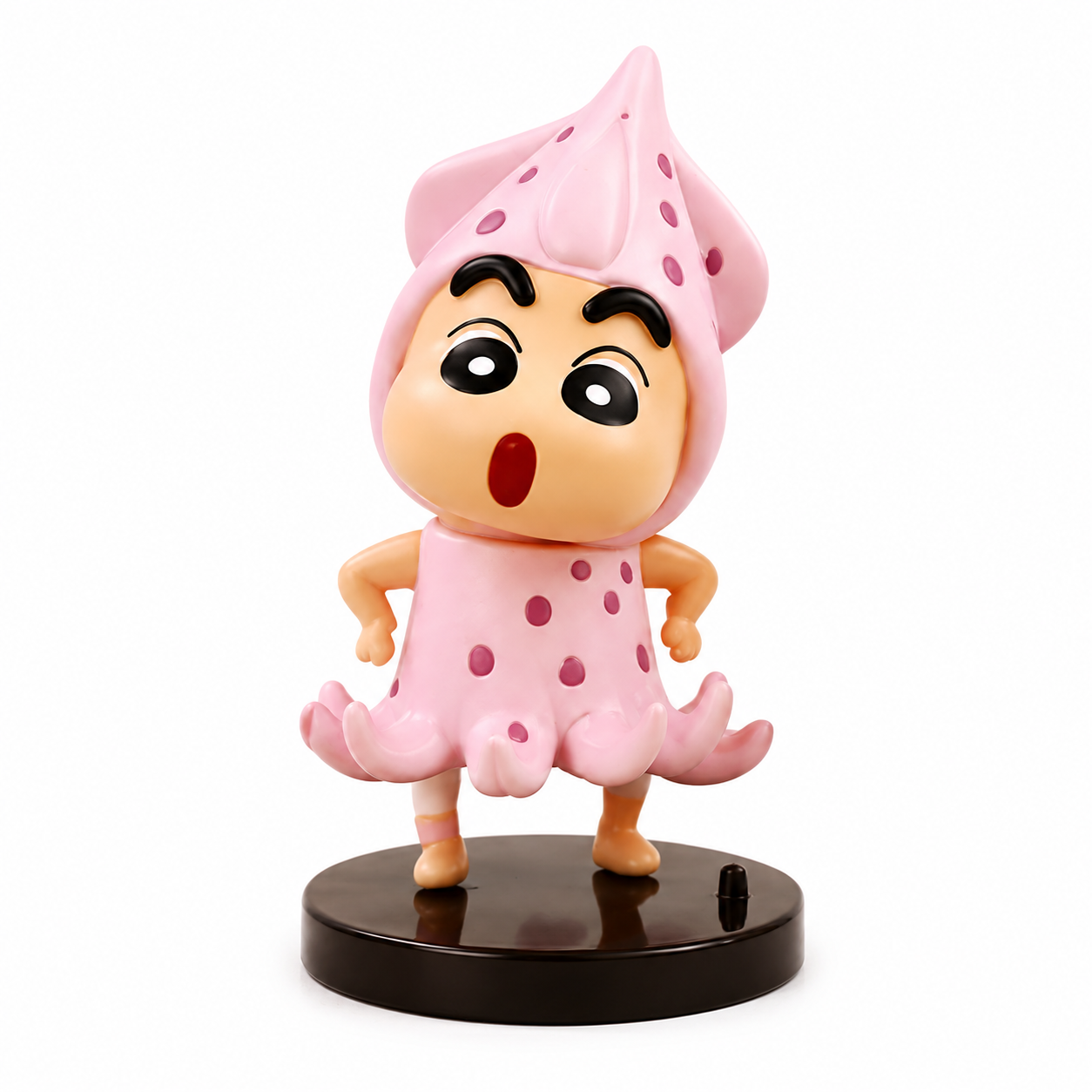 Pink animated  Squid character figurine with a surprised expression on a white background