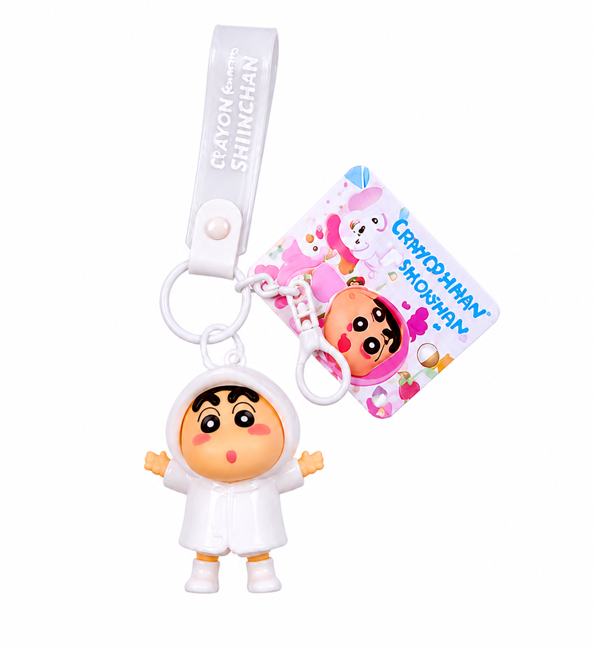Crayon Shinchan plush keychain with packaging on a white background