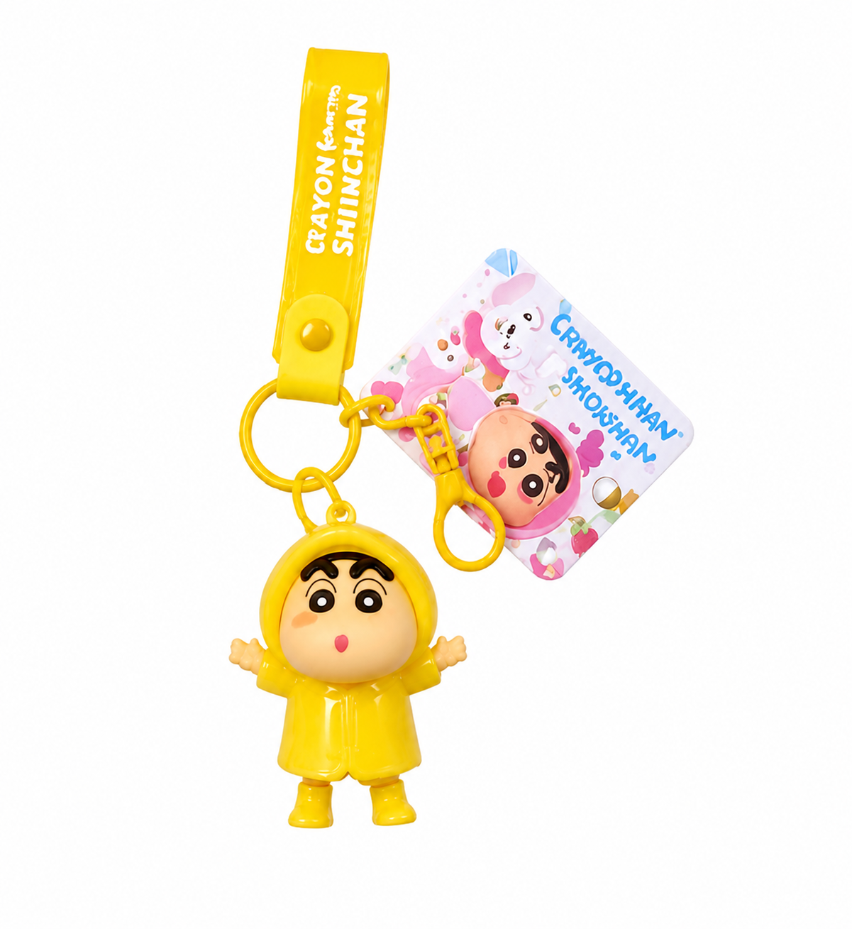 Crayon Shinchan keychain with a small card on a white background