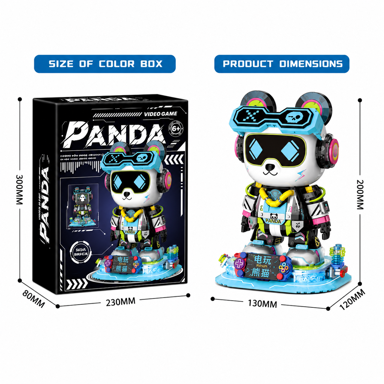 Colorful panda figurine with video game-themed packaging and dimensions displayed.