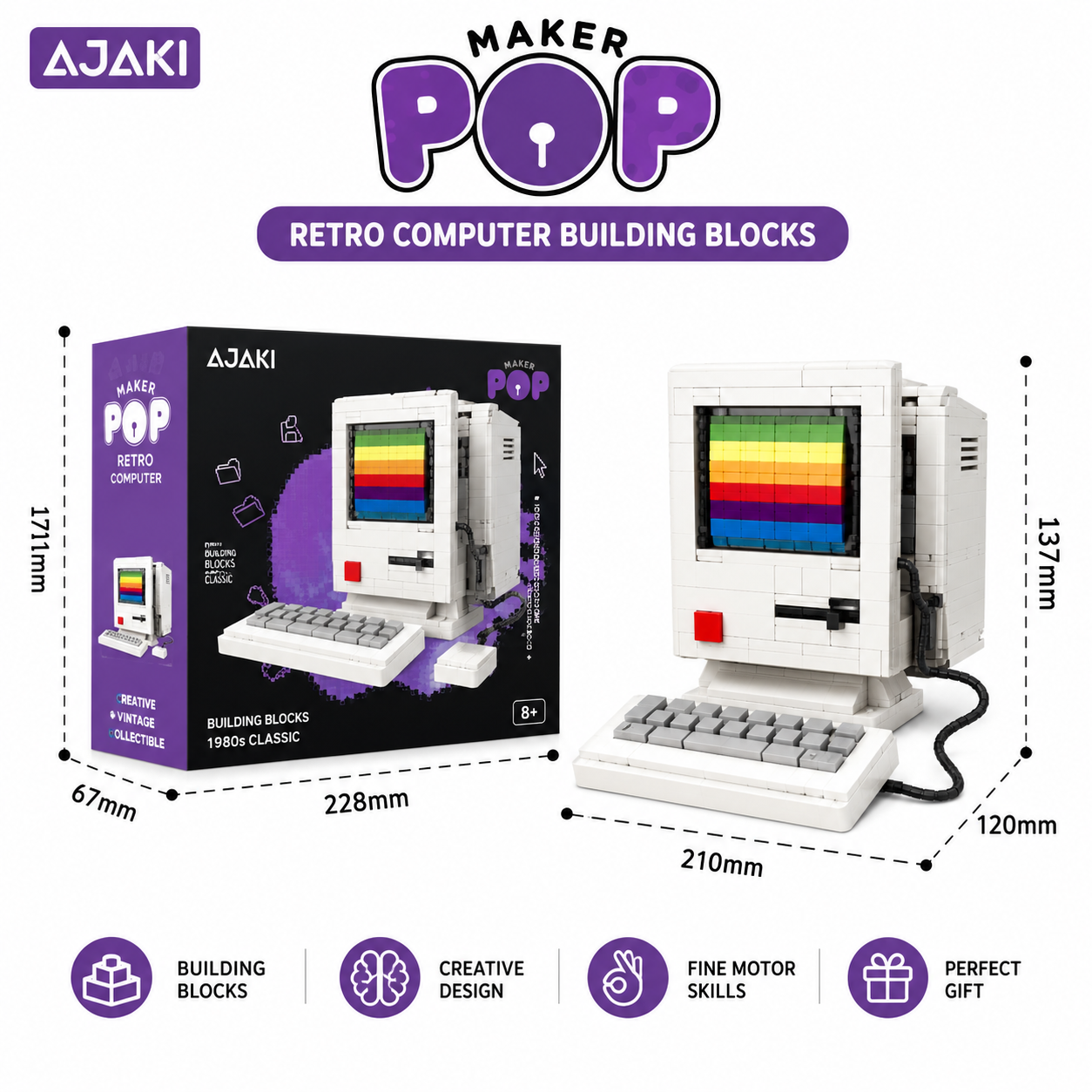 AJAKI Maker Pop retro computer building blocks set with packaging and dimensions on a white background
