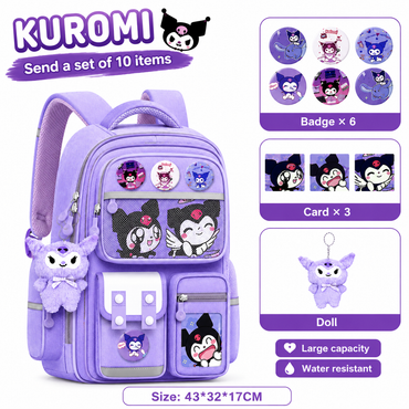 Purple backpack with Kuromi character design, including badges, cards, and a doll, on a white background.