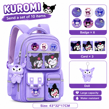Purple backpack with Kuromi character design, including badges, cards, and a doll, on a white background.