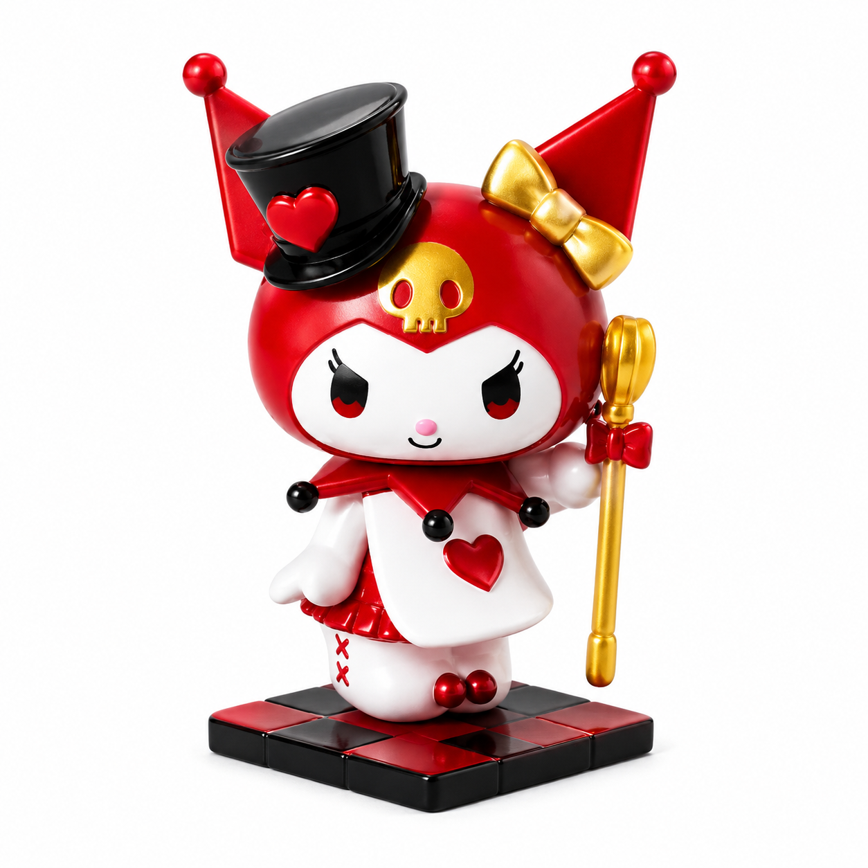 Animated character figurine with red and white outfit, top hat, and wand on a white background