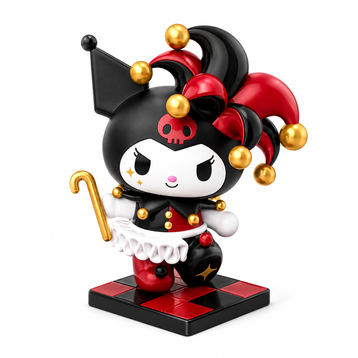 Colorful figurine with jester hat and cane on a white background
