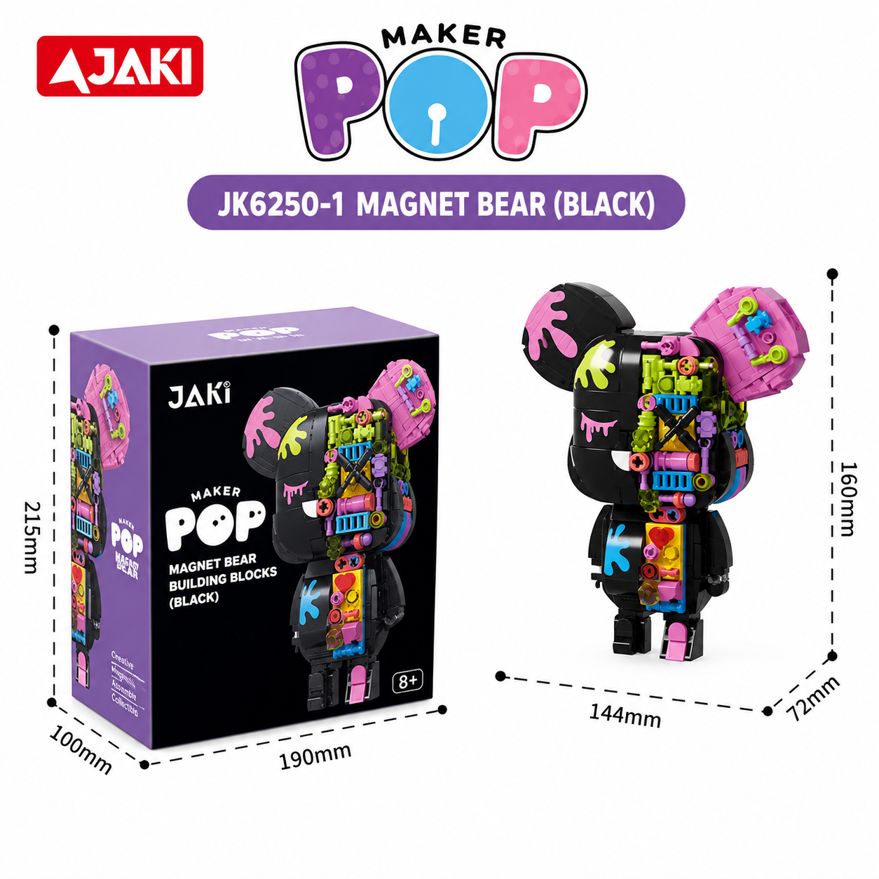 Maker Pop Magnet Bear toy with packaging and dimensions on a white background