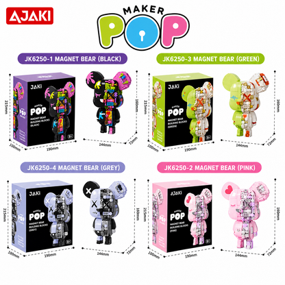 AJAKI Maker Pop magnet bears with packaging and dimensions on a white background