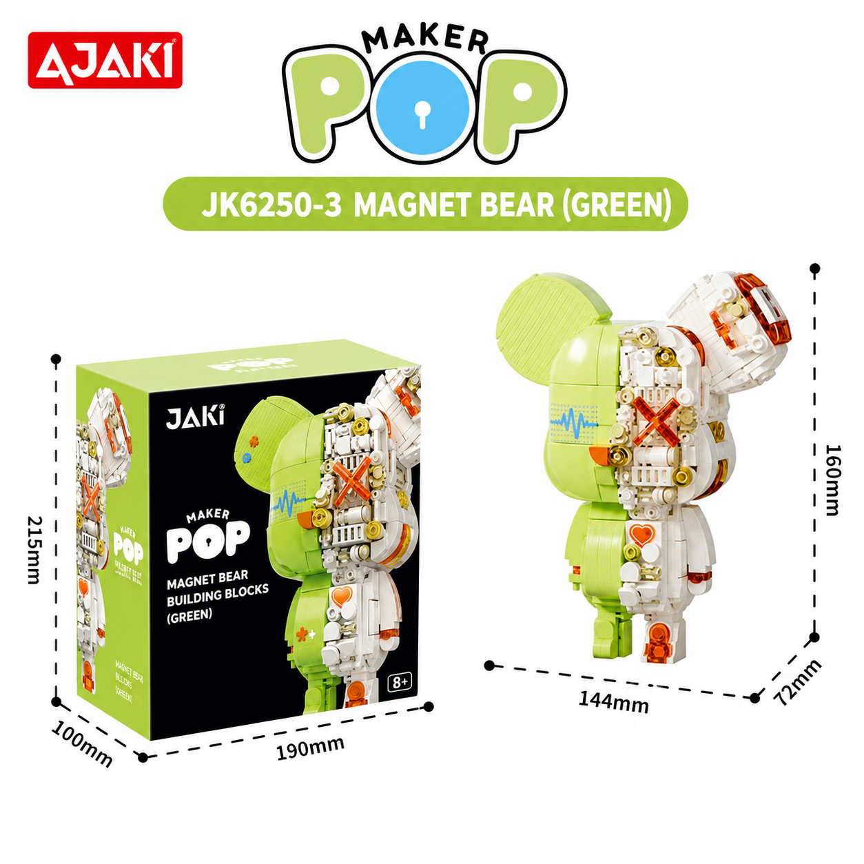 Green 'Magnet Bear' building block toy with packaging and dimensions on a white background