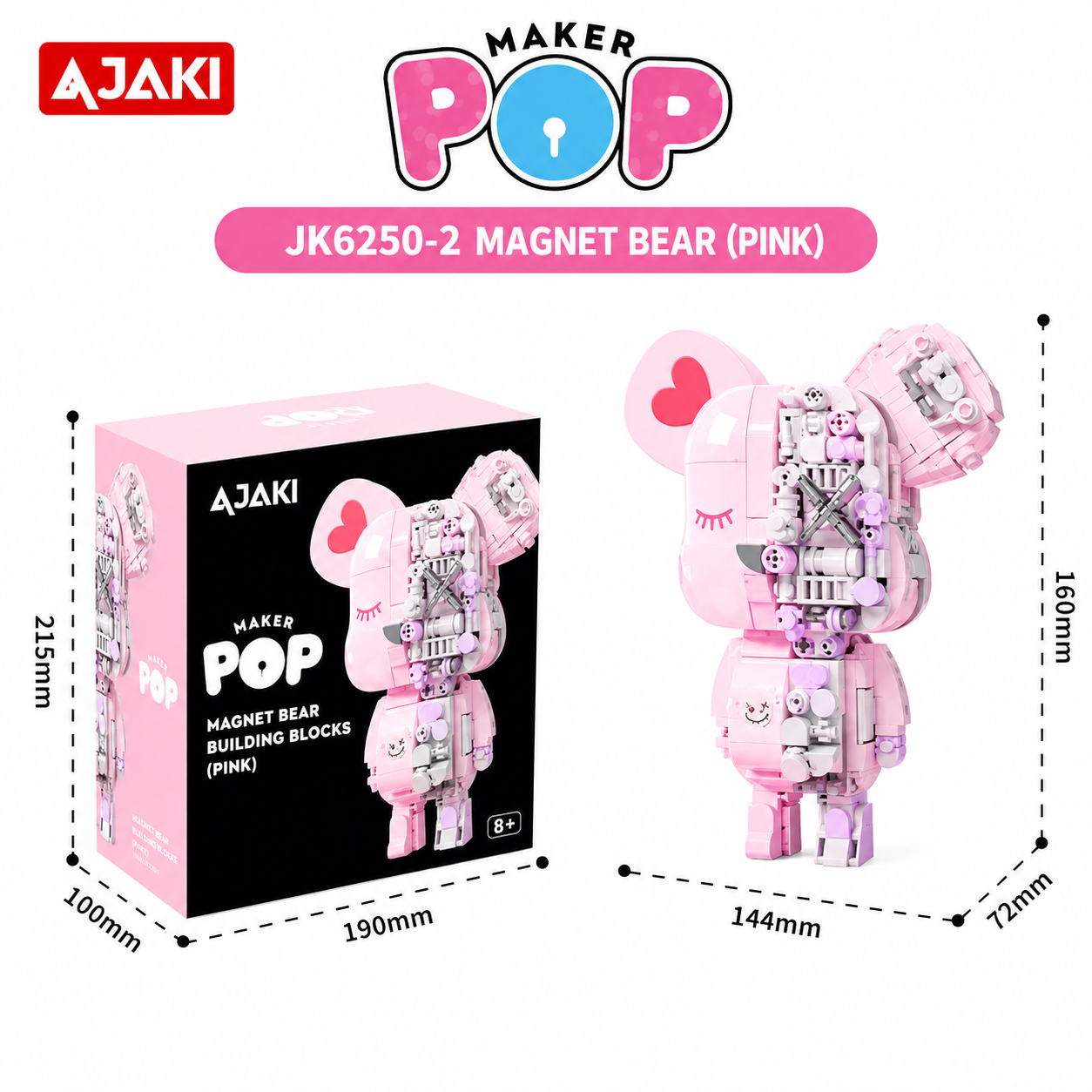 Pink robot bear building block with packaging and dimensions on a white background