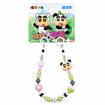 Children's beaded keychain with cartoon panda characters on a white background