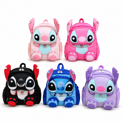 Set of cartoon character backpacks in various colors on a white background