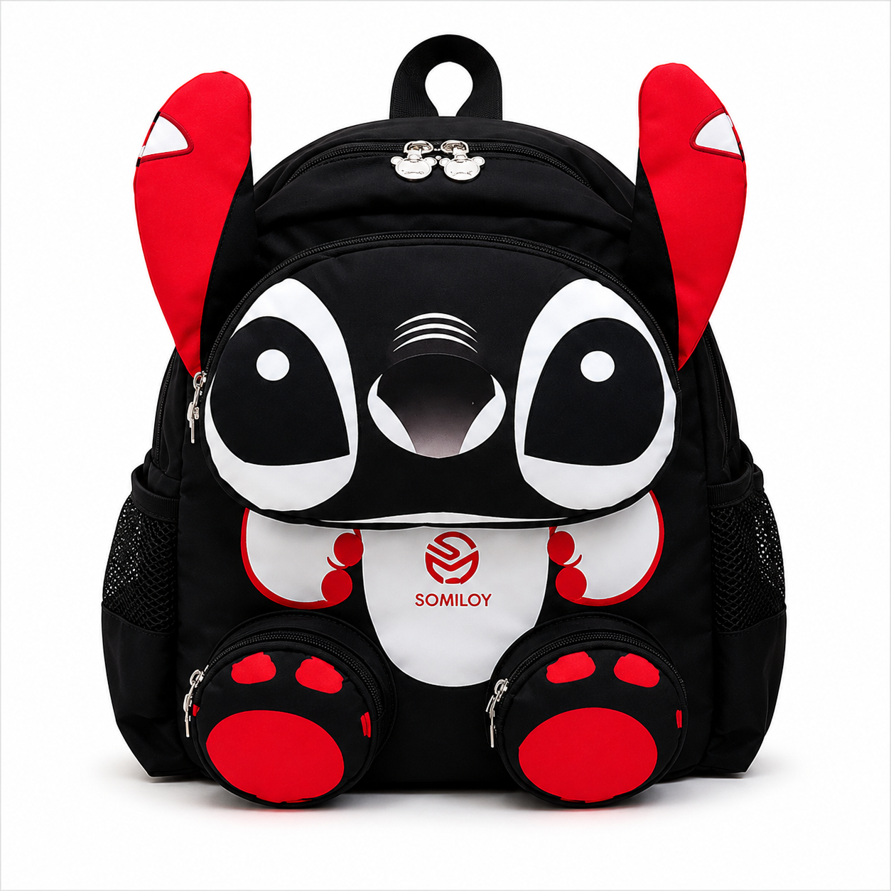 Backpack with cartoon character design featuring red horns and paws on a white background