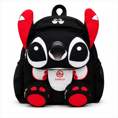 Backpack with cartoon character design featuring red horns and paws on a white background