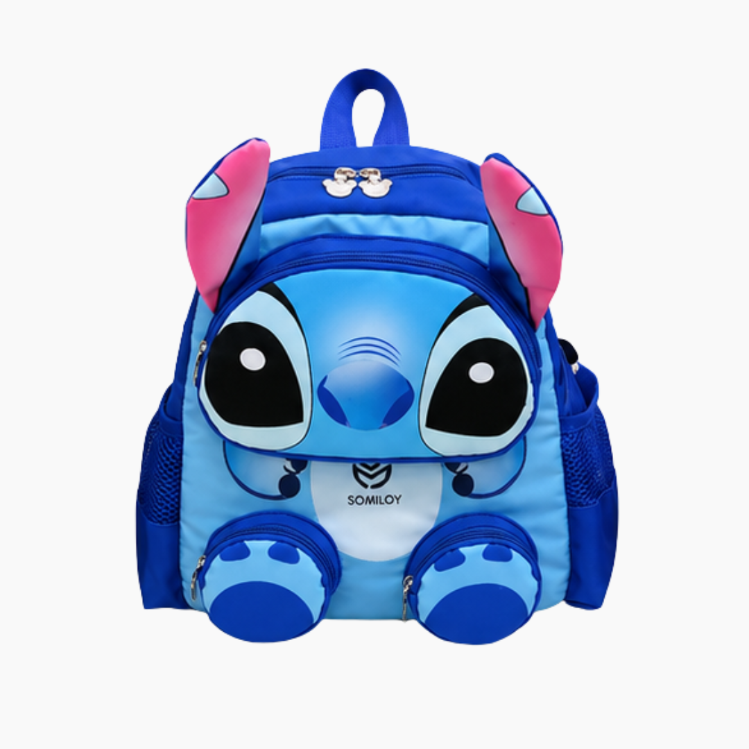 Blue backpack with cartoon character design on a white background