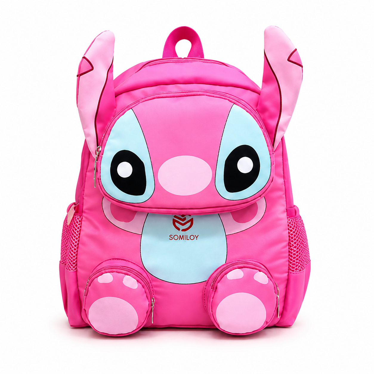 Pink cartoon backpack with large eyes on a white background