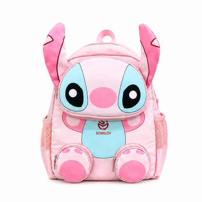 Pink cartoon backpack with blue face and black eyes on a white background