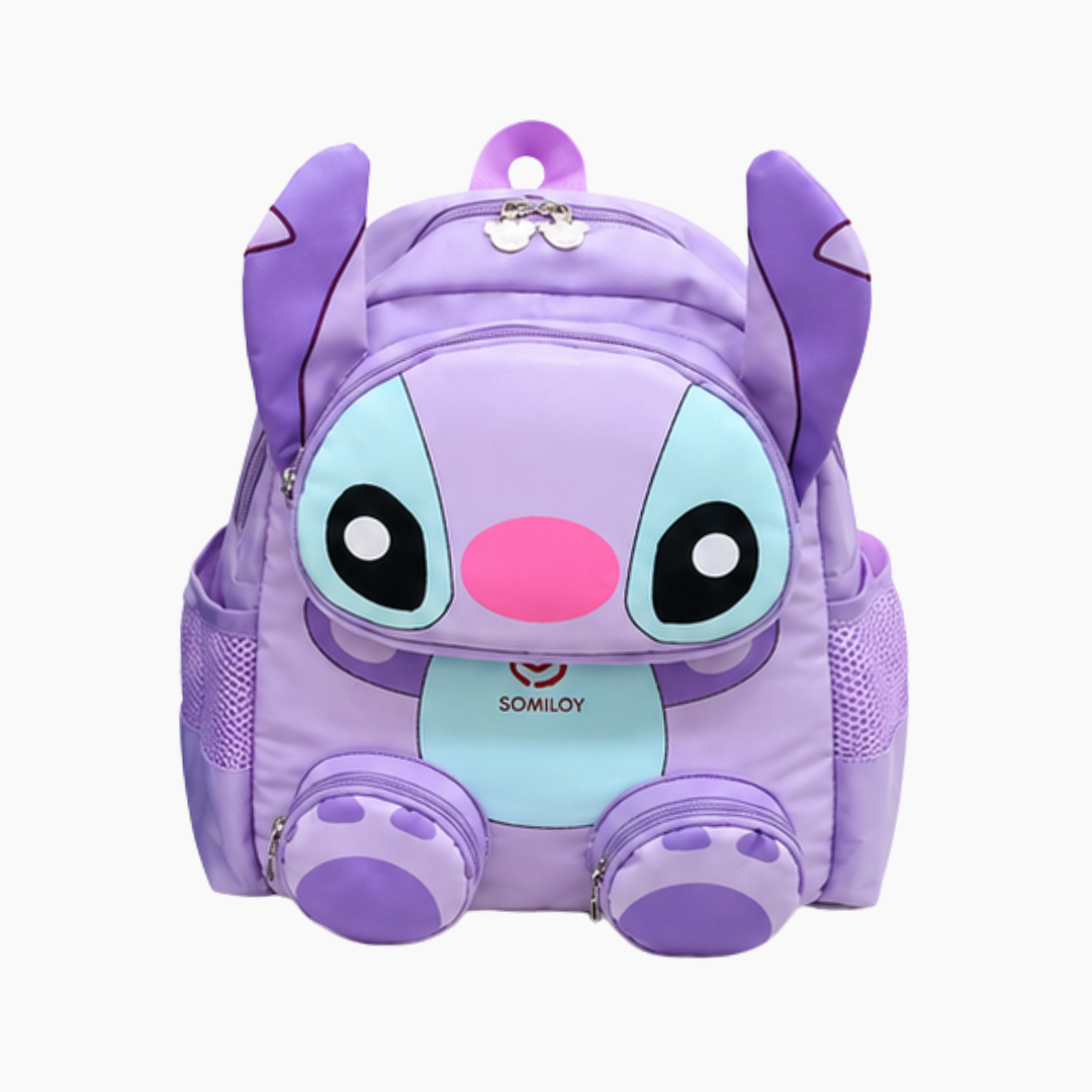 Purple cartoon backpack with a character design on a white background