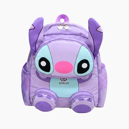 Purple cartoon backpack with a character design on a white background